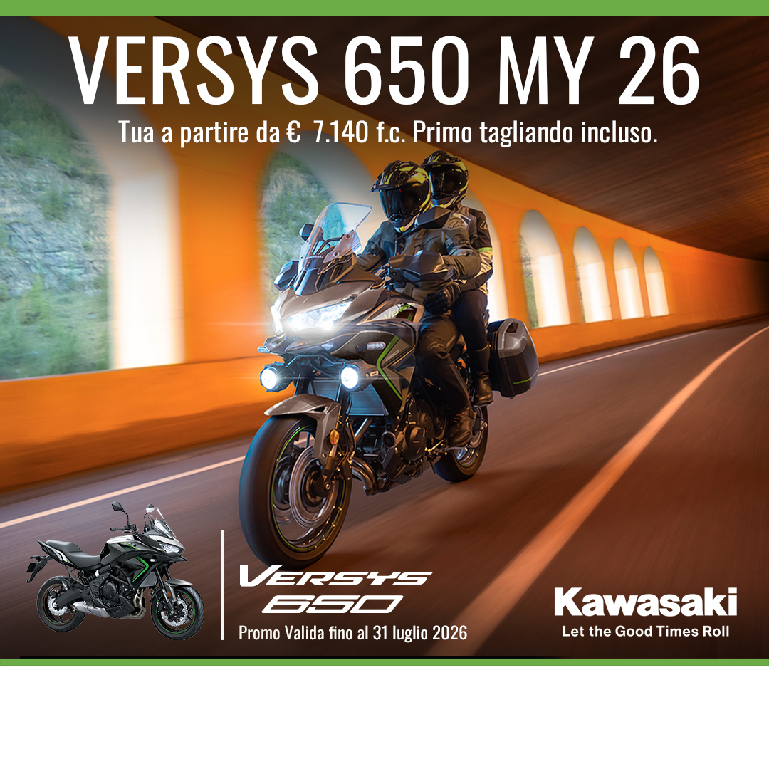 Kawasaki Versys 650 MY26 — da 7.140 euro f.c., primo tagliando incluso